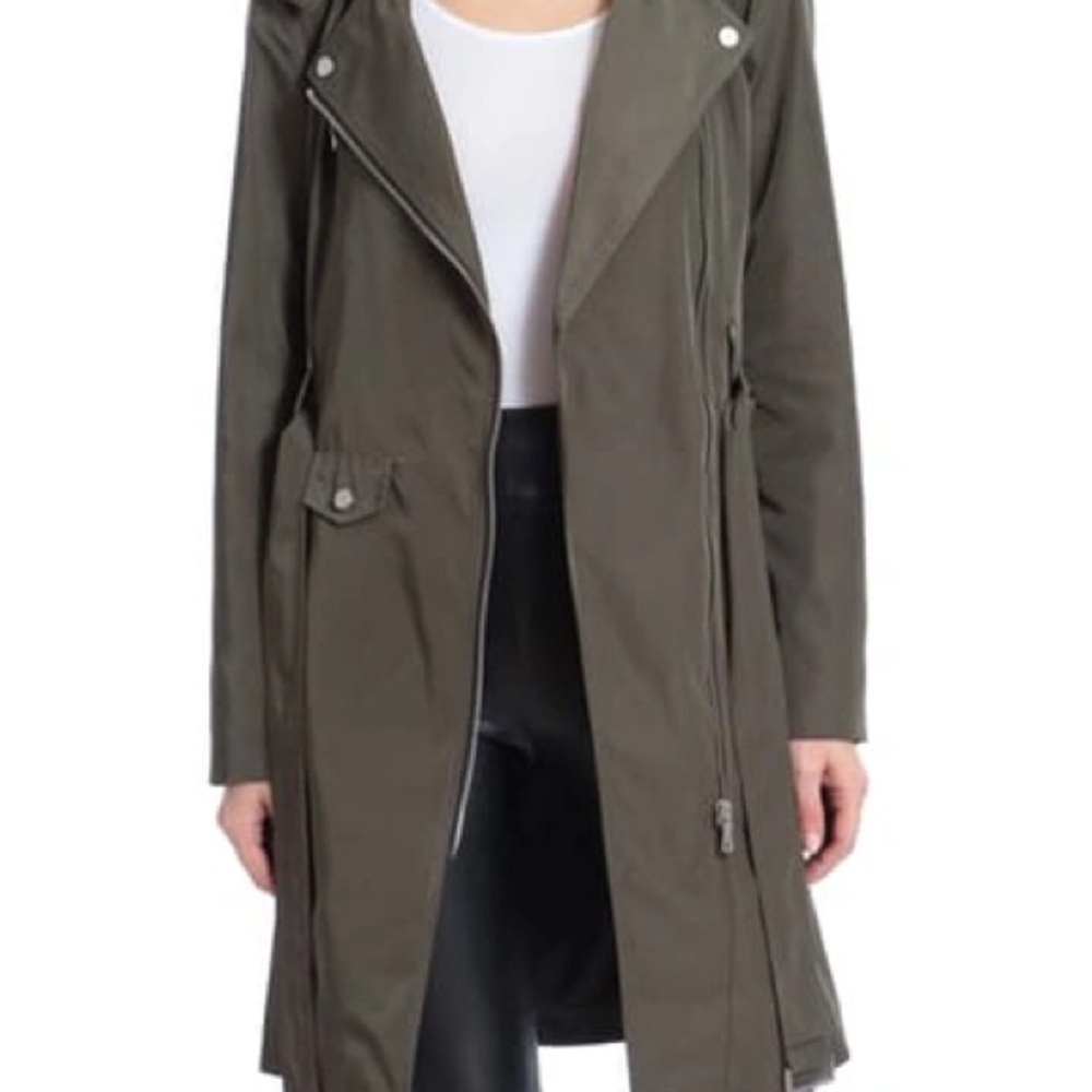 NWOT- Worn Twice! Olive Green Moto Inspired Trench Coat with Wide Lapel Collar